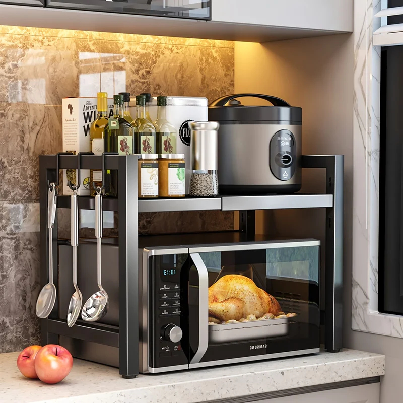 Kitchen Baking Rack - 확장형 전자레인지 선반, 6개의 후크가 있는